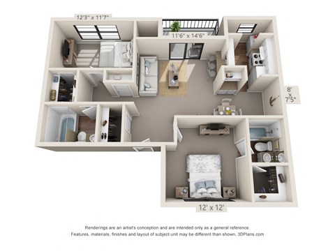 bedroom floor plan at the villas at houston levee west apartments in cordova,